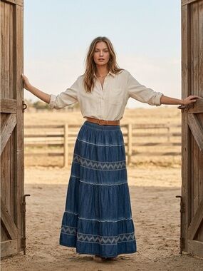 Indigo & Lace Size 8 Chambray Tiered Design Maxi Skirt Chevron Trim Bohemian